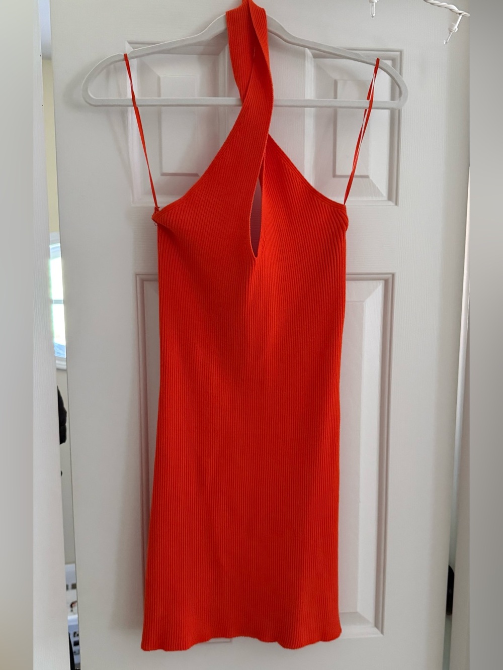 Bright Orange Ribbed Halter Mini Dress